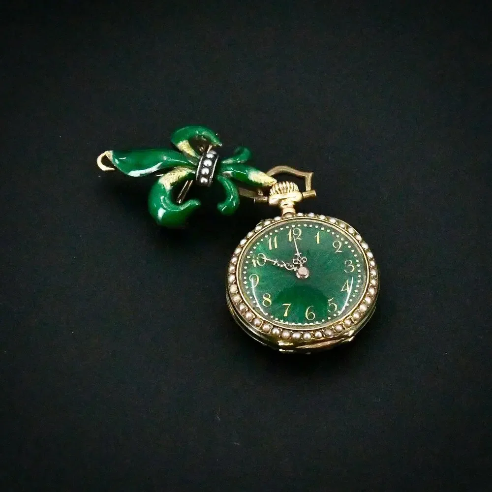 Antique 14K Gold Green Guilloche Enamel Ladies Pendant Watch & Pin Set - NW